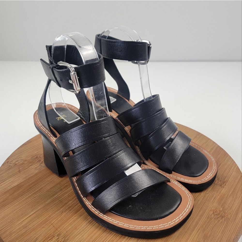 Zara Black Leather Strappy Block Heels Womens Shoe Size EU 36 US 6 - Picture 5 of 15